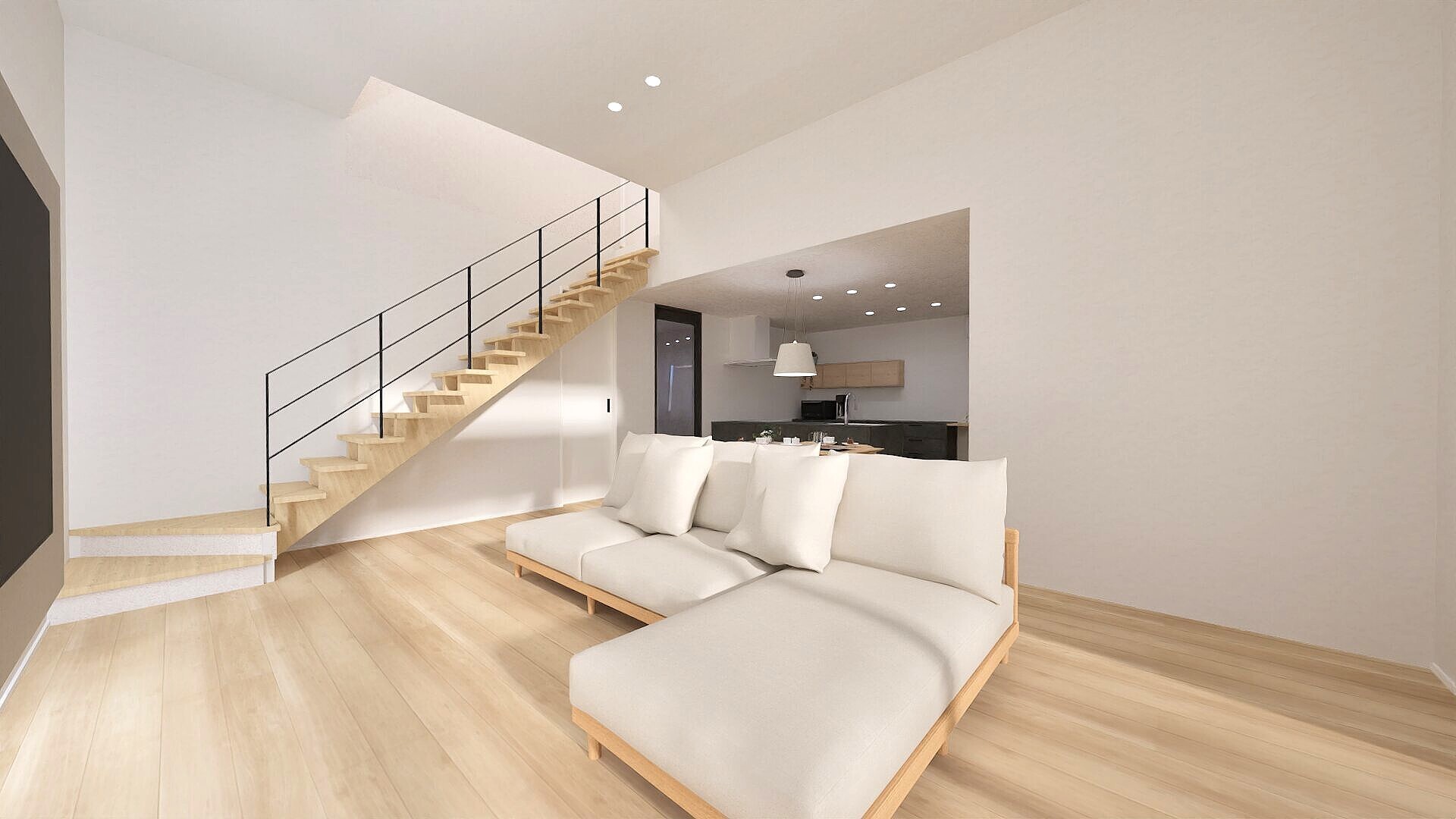 高天井と階段がつくる、伸びやかなリビング空間